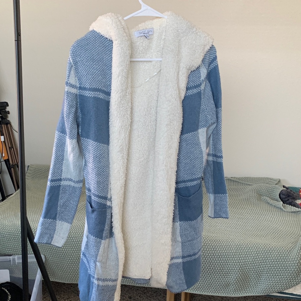 Sweet Rain Blue and White Plaid Hooded Cardigan